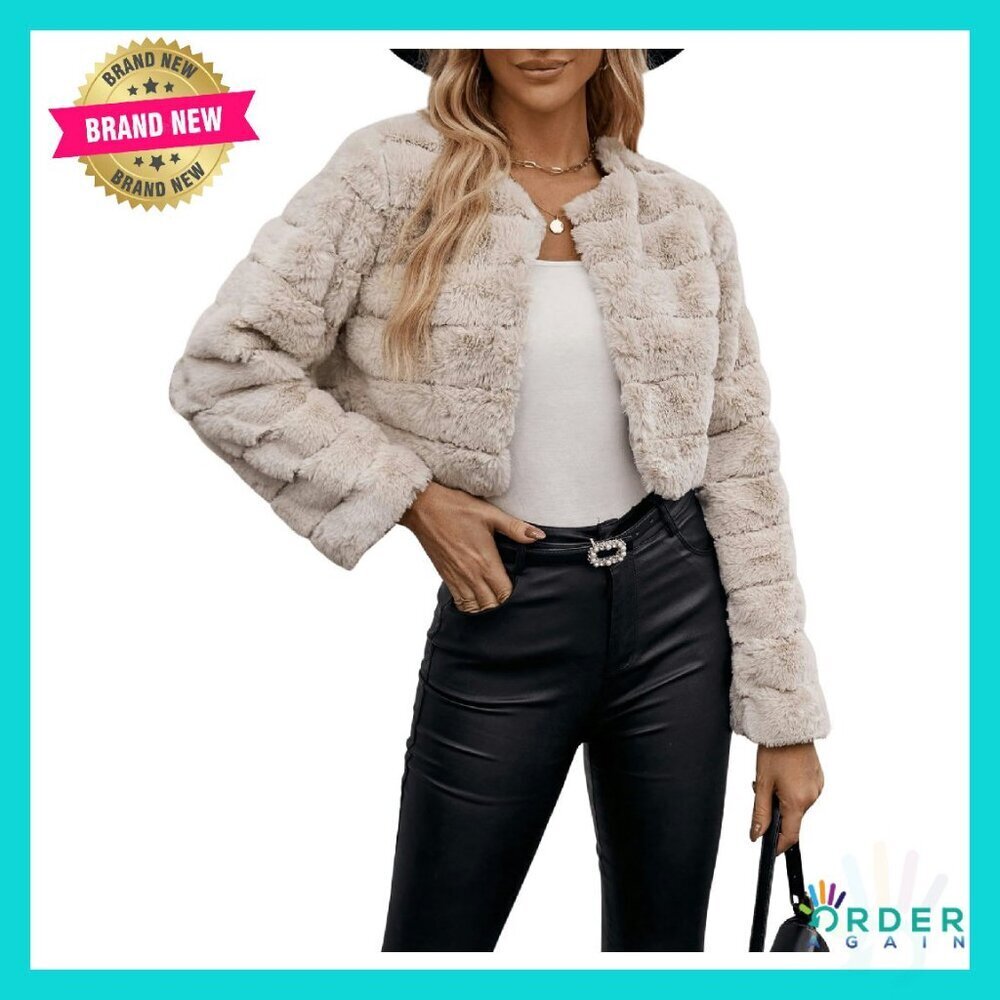 Faux Fur Cropped Jacket Open Front Fuzzy Coat Chic Winter Outerwear Y2K
